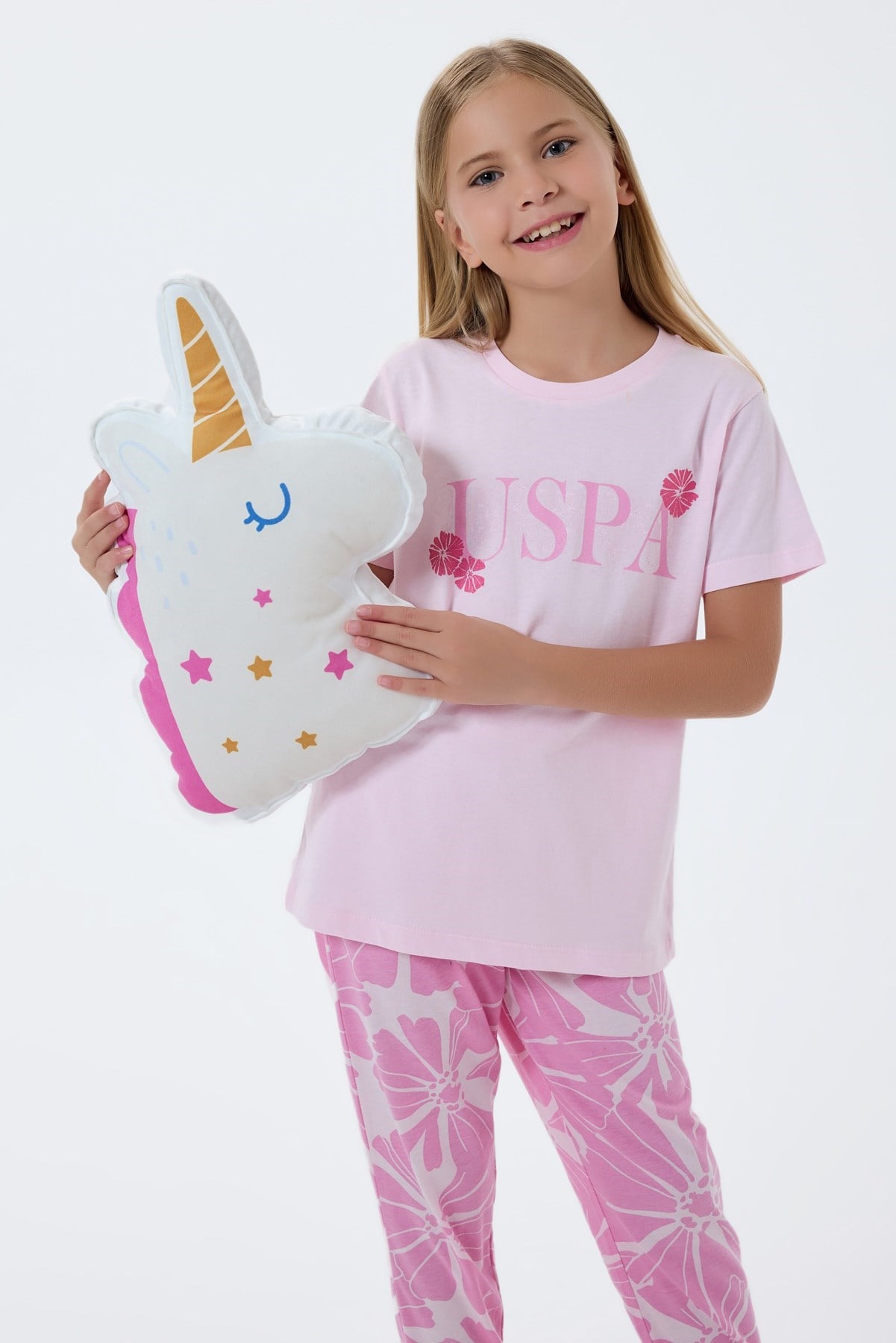 U.s Polo Assn. Kız Çocuk Kısa Kollu Tşört Ve Desenli Pantolon 9-15 Yaş PEMBE