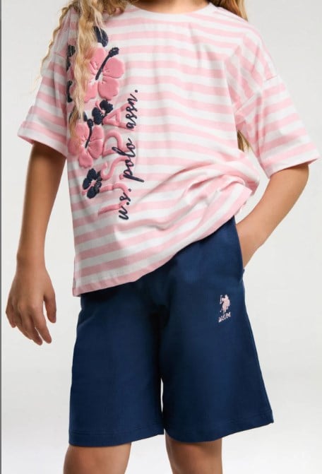 U.s Polo Assn. Kız Çocuk Çiçek Baskı Bisiklet Yaka Şortlu Takım 4-8 Yaş SOMON