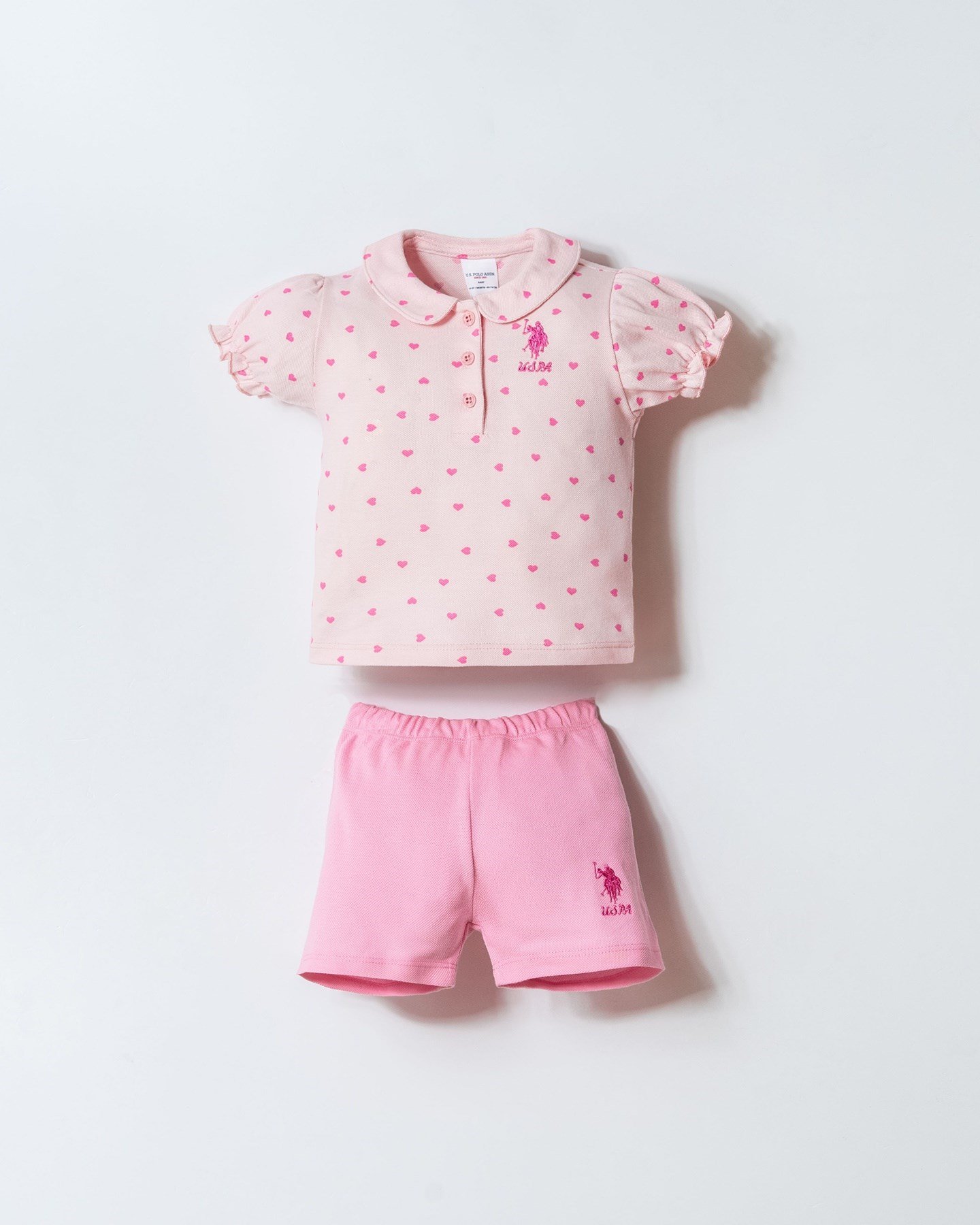 U.s Polo Assn. Kız Bebek Polo Yaka Kalp Desenli Şortlu Takım 6-36 Ay PEMBE
