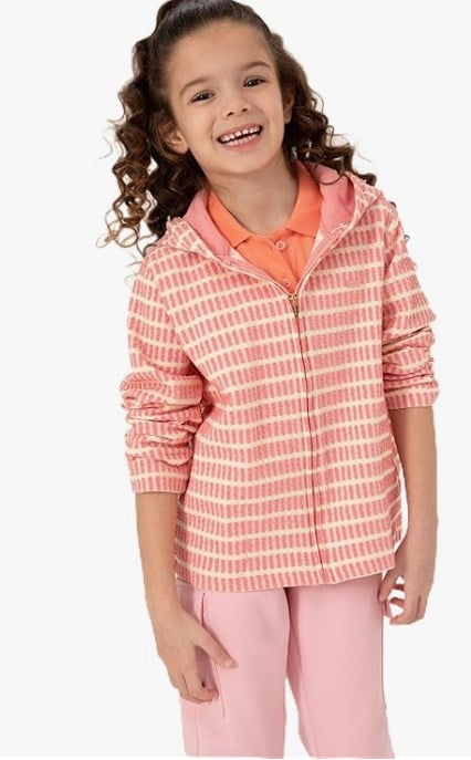 U.S. Polo Assn. Kız Çocuk Çizgili Kapüşonlu Fermuarlı Sweatshirt 4-12 Yaş PEMBE