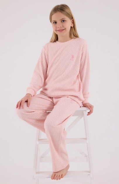 U.S. Polo Assn.Kız Çocuk Fitilli Triko Pijama Takımı 4-8 Yaş AÇIK PEMBE