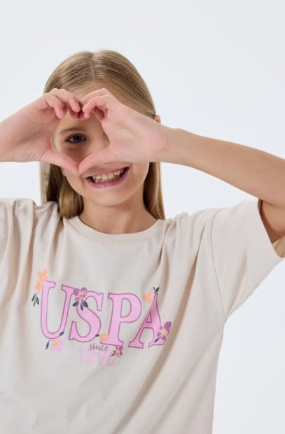 U.S. Polo Assn. Kız Çocuk Bisiklet Yaka Nakışlı Çiçek Desenli Pijama Takımı 8-15 Yaş BEJ