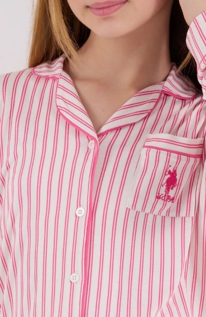 U.S. Polo Assn. Kız Çocuk Pebe Çizgili Gömlek Yaka Pijama Takımı 8-15 Yaş AÇIK FUŞYA