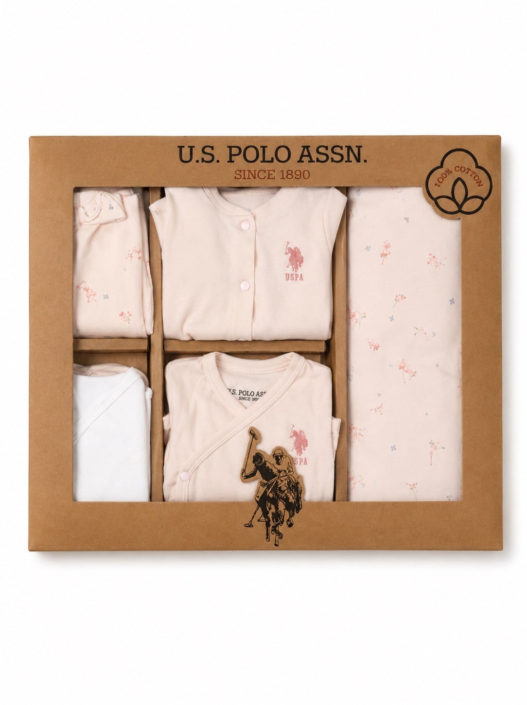 U.S. Polo Assn. %100 Pamuklu Yenidoğan  Kız Bebek  Yaprak Baskı 10 Parça Hastane Çıkışı Seti 0-3 Ay PUDRA