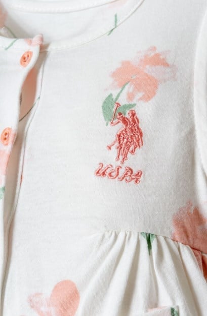 U.S. Polo Assn. Lisanslı Kız Bebek Çiçekli Pamuklu Tulum 0-3 Yaş BEYAZ - PUDRA