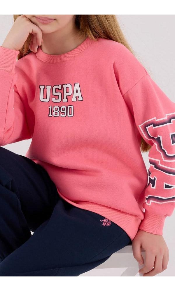 U.S. Polo Assn. Kız Çocuk Pembe USPA 1890 Baskılı Sweatshirt Pantolon Eşofman Takımı ÇOK RENKLİ