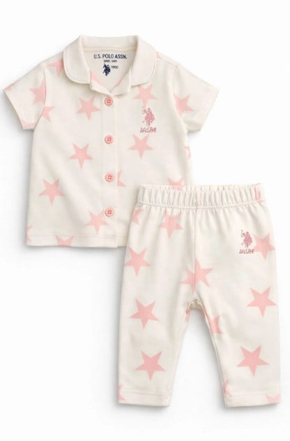 U.S. Polo Assn. Kız Bebek Yıldız Desenli Düğmeli Pijama Takımı 6 Ay-3 Yaş BEYAZ