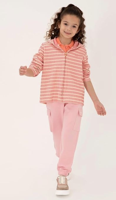 U.S. Polo Assn. Kız Çocuk Çizgili Kapüşonlu Fermuarlı Sweatshirt 4-12 Yaş PEMBE