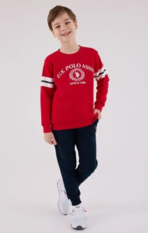 U.S. Polo Assn. Lisanslı Erkek Çocuk Sweatshirt ve Eşofman Takımı 8-15 Yaş KIRMIZI