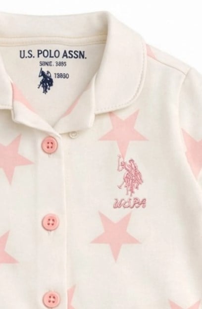 U.S. Polo Assn. Kız Bebek Yıldız Desenli Düğmeli Pijama Takımı 6 Ay-3 Yaş BEYAZ