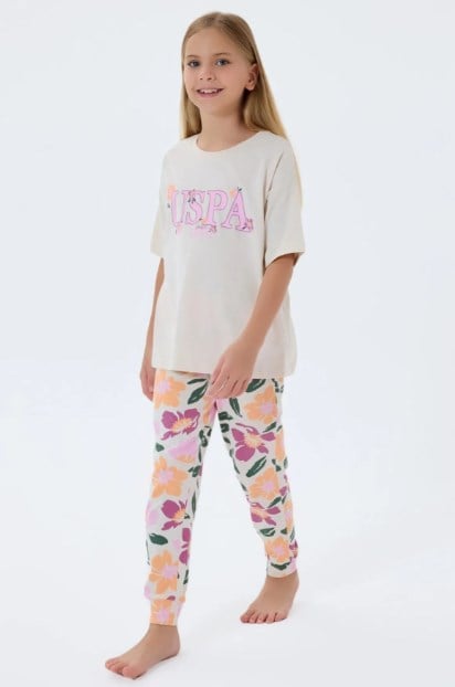 U.S. Polo Assn. Kız Çocuk Bisiklet Yaka Nakışlı Çiçek Desenli Pijama Takımı 4-8 Yaş BEJ