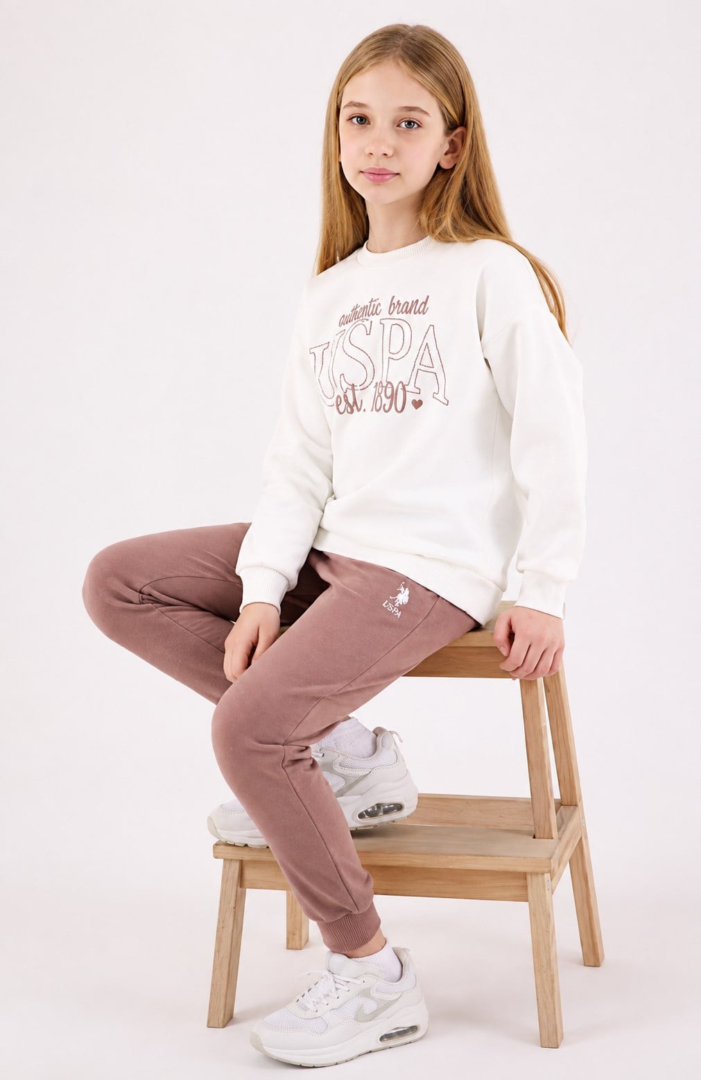 U.S. Polo Assn. Kız Çocuk Pigment Baskılı Bisiklet Yaka  Eşofman Takım 4-8 Yaş BEYAZ