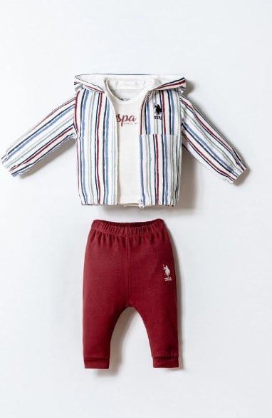 U.S. Polo Assn. Erkek Bebek Çizgili Kapşonlu 3'Lü Takım 6 Ay-3 Yaş BEYAZ