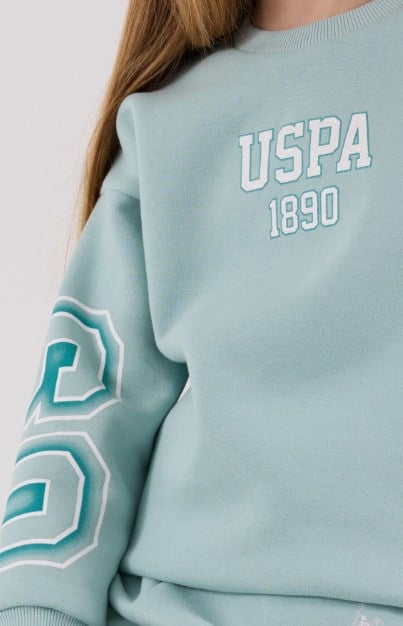 U.S. Polo Assn. Kız Çocuk Pembe USPA 1890 Baskılı Sweatshirt Pantolon Eşofman Takımı SU YEŞİLİ