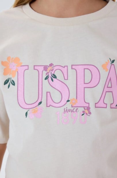 U.S. Polo Assn. Kız Çocuk Bisiklet Yaka Nakışlı Çiçek Desenli Pijama Takımı 4-8 Yaş BEJ