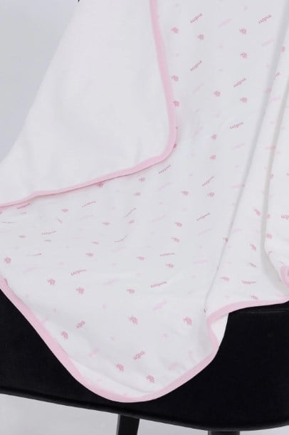 U.S. Polo Assn. %100 Pamuklu Kız Bebek Battaniyesi Biyeli Baskılı Yazlık Penye Örtü BEYAZ