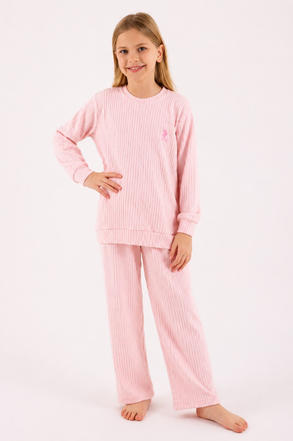U.S. Polo Assn.Kız Çocuk Fitilli Triko Pijama Takımı 4-8 Yaş AÇIK PEMBE