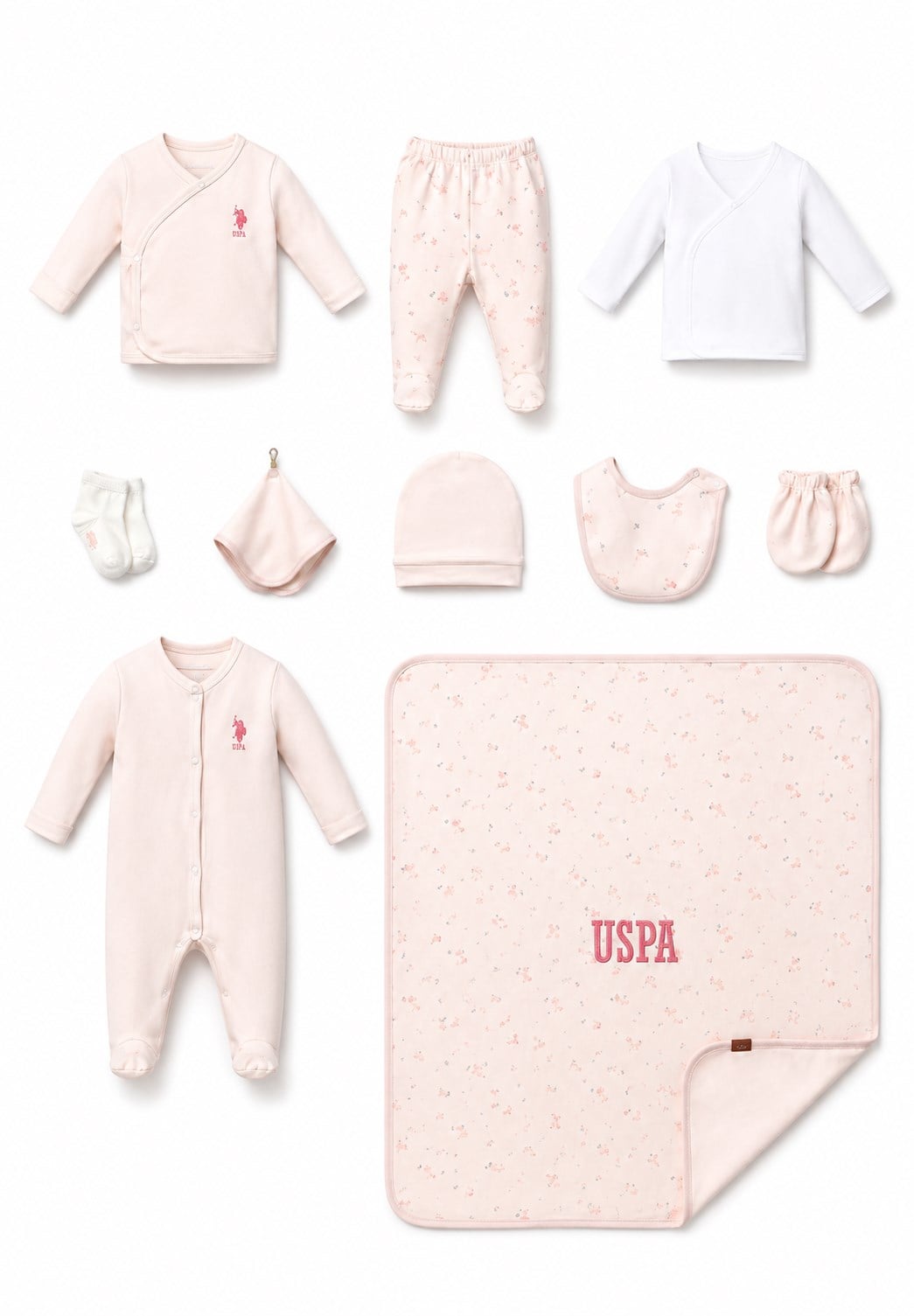 U.S. Polo Assn. %100 Pamuklu Yenidoğan  Kız Bebek  Yaprak Baskı 10 Parça Hastane Çıkışı Seti 0-3 Ay PUDRA