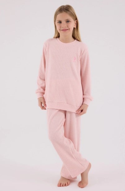 U.S. Polo Assn.Kız Çocuk Fitilli Triko Pijama Takımı 4-8 Yaş AÇIK PEMBE