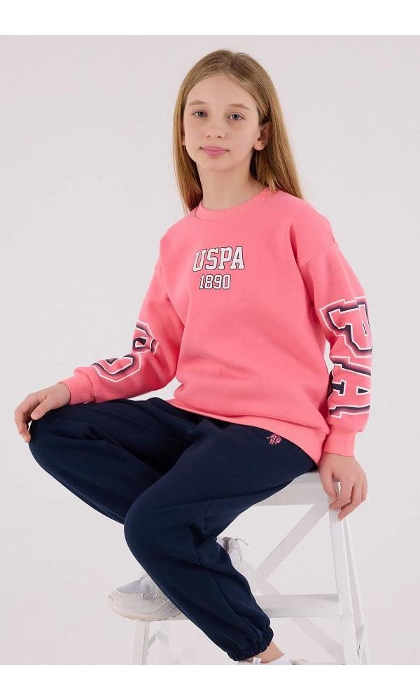 U.S. Polo Assn. Kız Çocuk Pembe USPA 1890 Baskılı Sweatshirt Pantolon Eşofman Takımı ÇOK RENKLİ