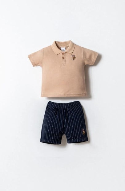 U.S. Polo Assn. Erkek Bebek Polo Yaka Tişört ve Çizgili Şort İkili Takım 0-3 Yaş BEJ