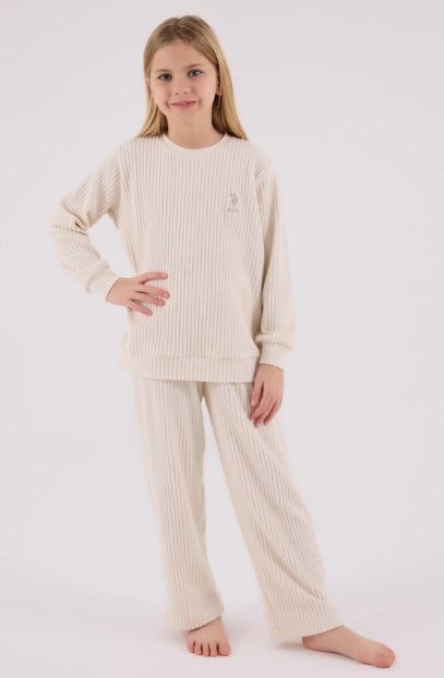 U.S. Polo Assn.Kız Çocuk Fitilli Triko Pijama Takımı 4-8 Yaş BEJ