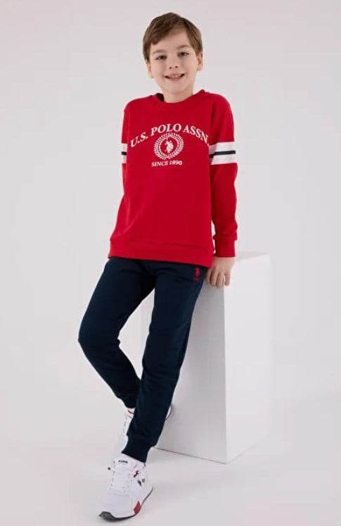 U.S. Polo Assn. Lisanslı Erkek Çocuk Sweatshirt ve Eşofman Takımı 8-15 Yaş KIRMIZI