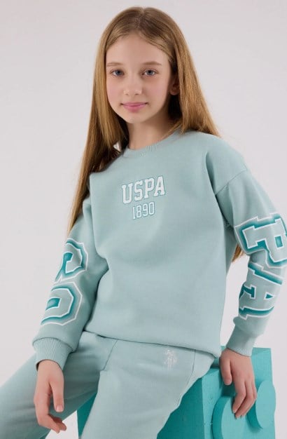 U.S. Polo Assn. Kız Çocuk Pembe USPA 1890 Baskılı Sweatshirt Pantolon Eşofman Takımı SU YEŞİLİ