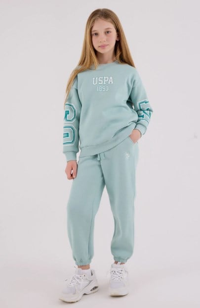 U.S. Polo Assn. Kız Çocuk Pembe USPA 1890 Baskılı Sweatshirt Pantolon Eşofman Takımı SU YEŞİLİ