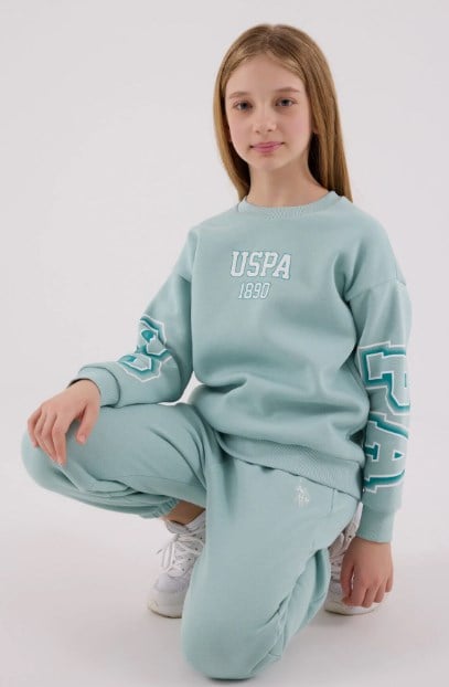 U.S. Polo Assn. Kız Çocuk Pembe USPA 1890 Baskılı Sweatshirt Pantolon Eşofman Takımı SU YEŞİLİ