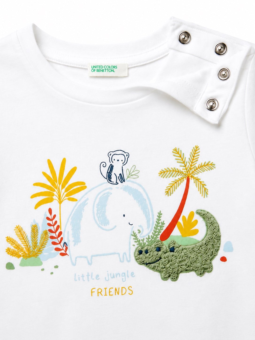 United Colors of Benetton Bebek Beyaz Omzu Çıtçıtlı Dinozor Baskılı Tişört 1-5 Yaş EKRU