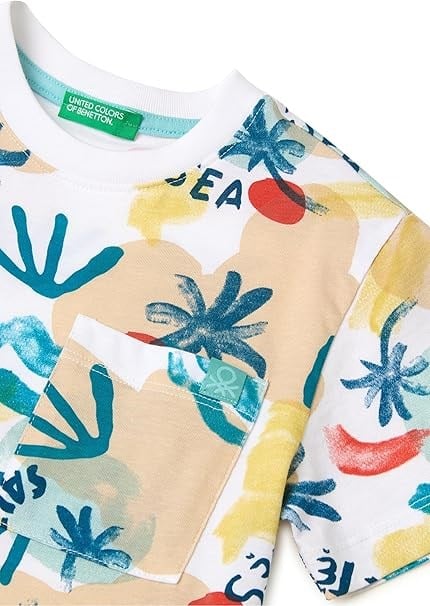 United Colors of Benetton Erkek Bebek Tropikal Palmiye Desenli Cepli Kısa Kollu Pamuklu Tişört 1-5 Yaş KREM