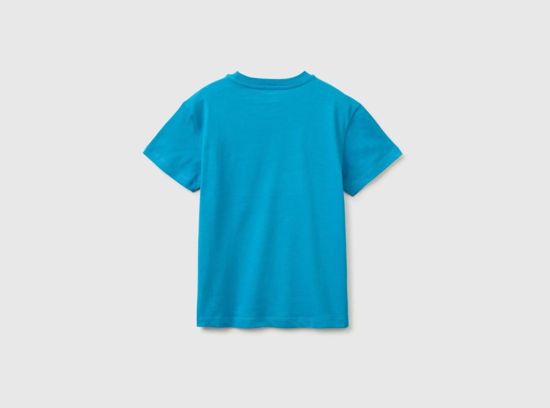 United Colors of Benetton Erkek Çocuk Önü Logo Baskılı Bisiklet Yaka Tişört 6-14 Yaş MAVİ