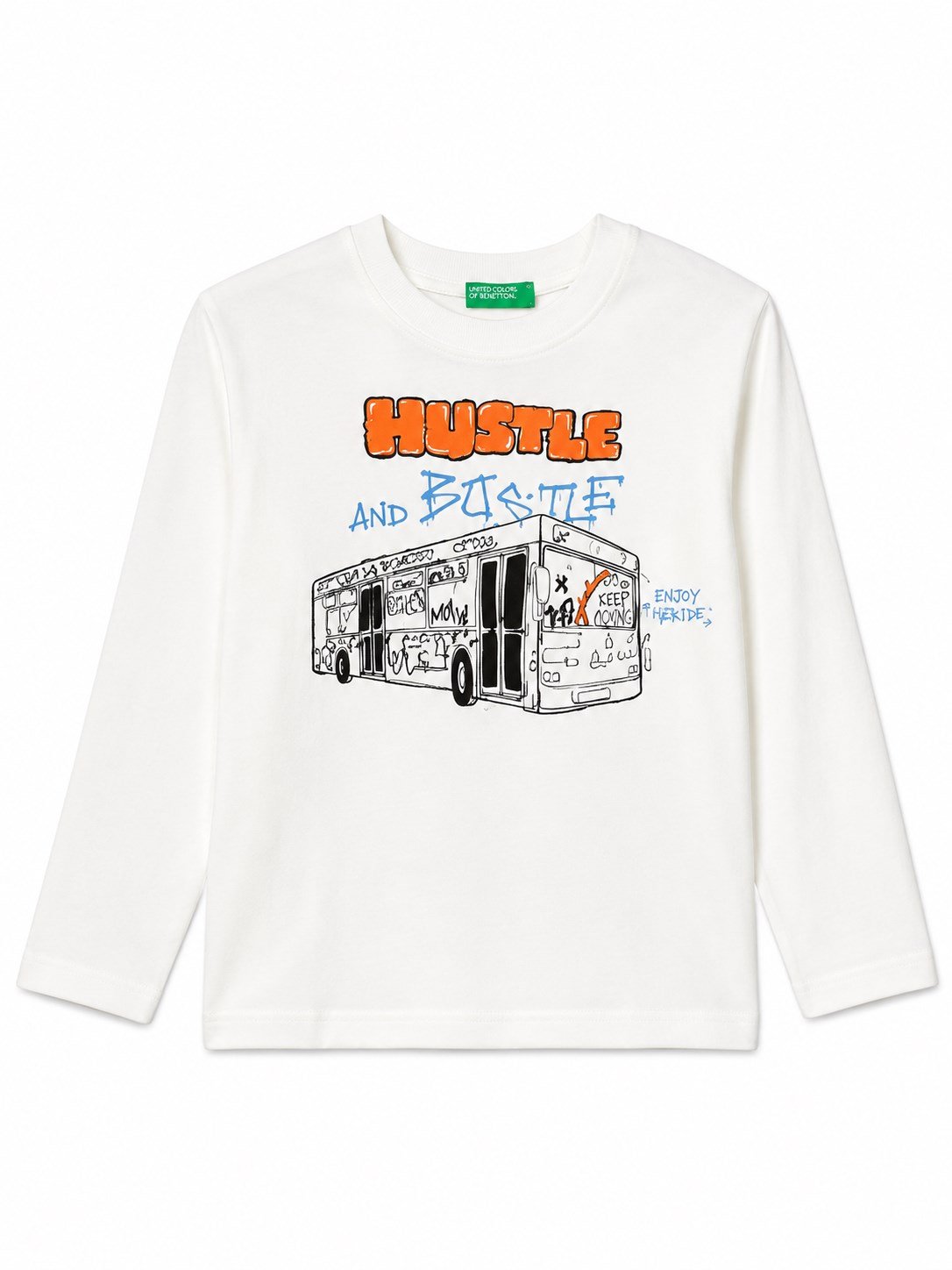 United Colors of Benetton Erkek Çocuk Back To School Araba Baskılı Bisiklet Yaka Uzun Kollu Tişört 1-6 Yaş BEYAZ