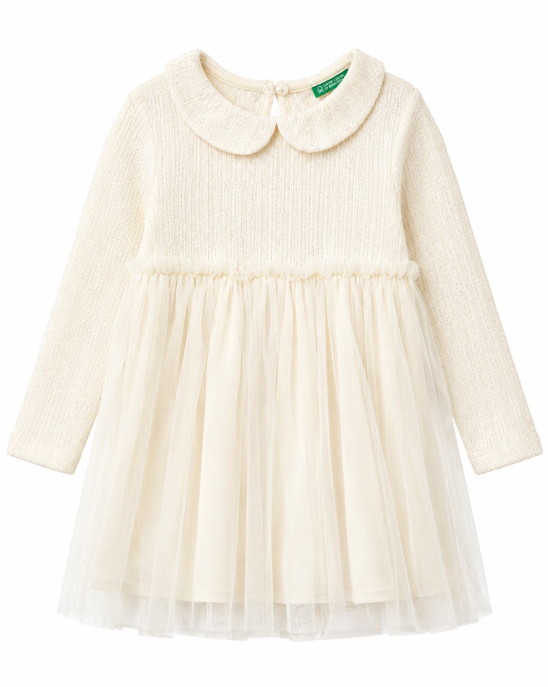 United Colors of Benetton Kız Bebek Bebe Yaka Tül Etekli Triko Elbise 0-6 Yaş EKRU