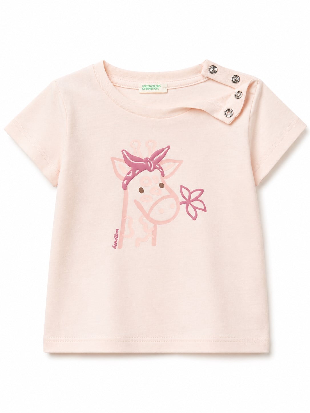 United Colors of Benetton Kız  Bebek Kabarık Su Bazlı Baskı Detaylı Gizli Çıtçıtlı T-Shirt 1-5 Yaş PUDRA