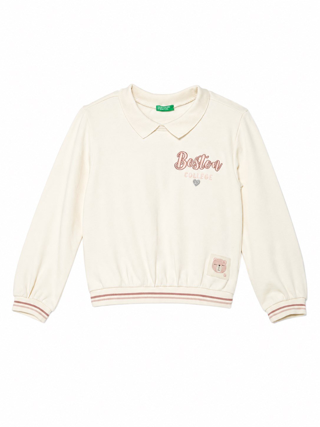 United Colors of Benetton Kız Bebek  Klasik Yaka Simli Grafik Baskılı Çizgi Detaylı Sweatshirt 0-6 Yaş EKRU