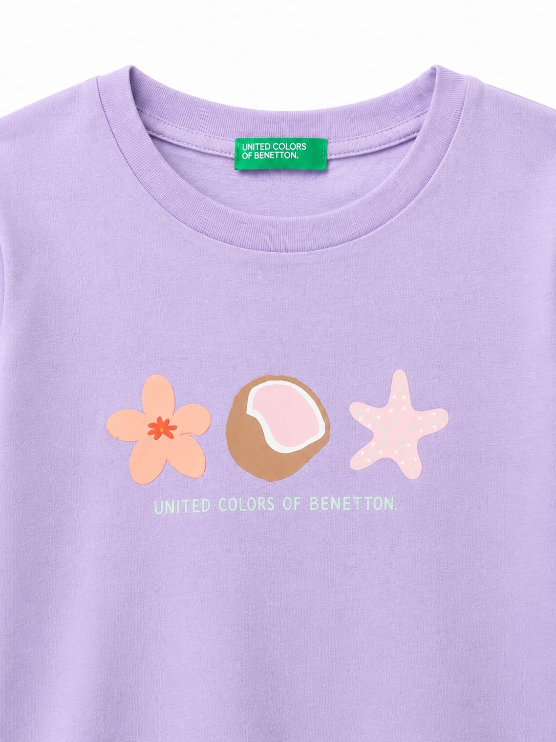 United Colors of Benetton Kız Bebek Lila Tropikal Baskılı Bisiklet Yaka Tişört 1-5 Yaş LİLA