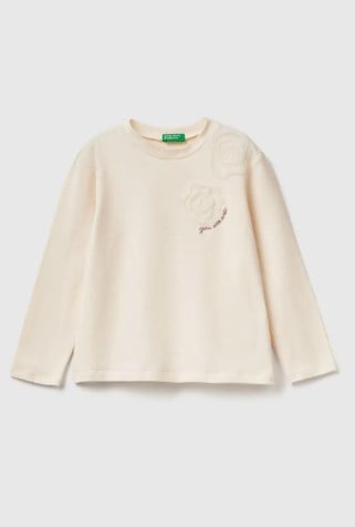United Colors of Benetton Kız Çocuk Önü Nakışlı Uzun Kollu T-Shirt 1-6 Yaş EKRU