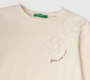 United Colors of Benetton Kız Çocuk Önü Nakışlı Uzun Kollu T-Shirt 1-6 Yaş EKRU
