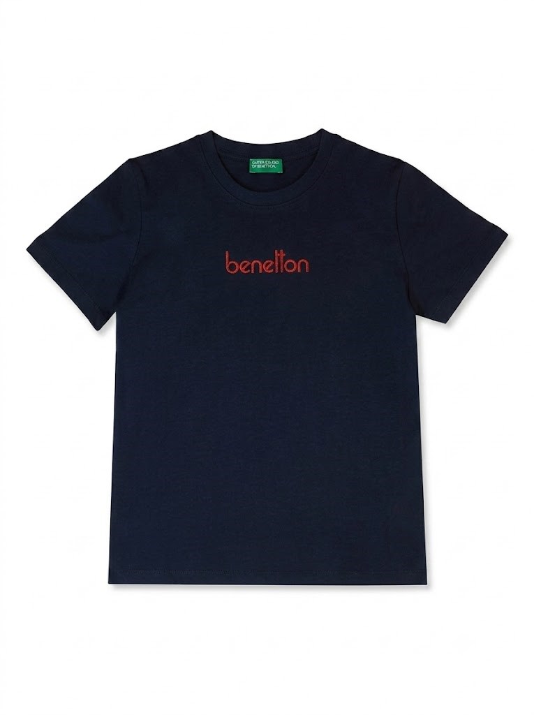 United Colors of Benetton Logo Nakışlı Bisiklet Yaka T-Shirt 4-14 Yaş LACİVERT - CAMEL
