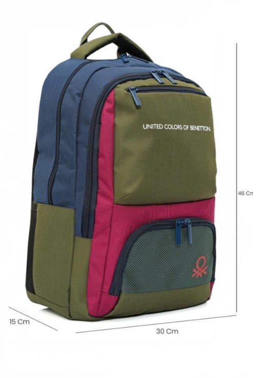United Colors Of Benetton Renk Bloklu Sırt Çantası - Okul, Laptop ve Günlük Seyahat Çantası (46 cm) LACİVERT - HAKİ - BORDO
