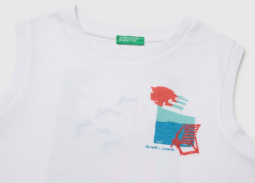 United Colors of Benetton Sırt Baskılı  Kısa Kollu %100 Pamuk Basic Tişört 6-14 Yaş EKRU