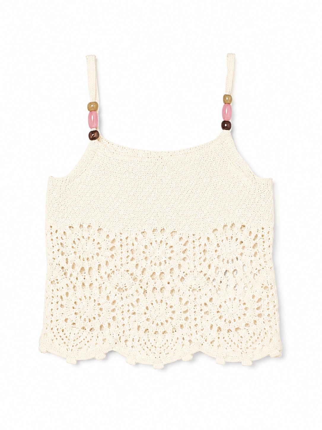 United Of Colors Benetton Kız Çocuk Boncuklu Askı Detaylı Ajur Örgü Crop Bluz 6-14 Yaş EKRU