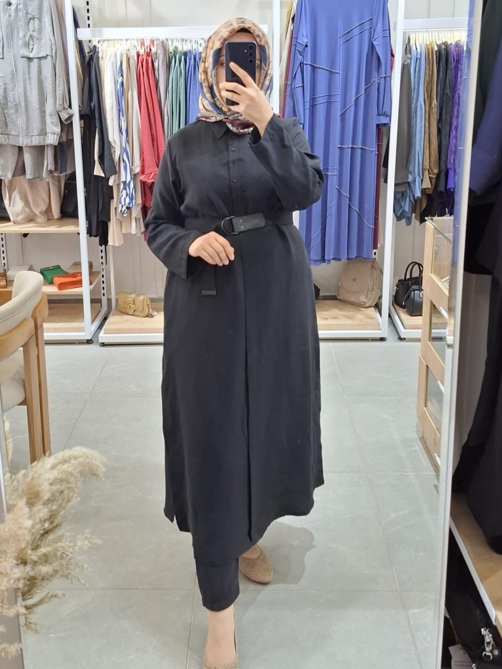 Nurcan Çetin Kemeli Uzun Tunik Gömlek Siyah 24323