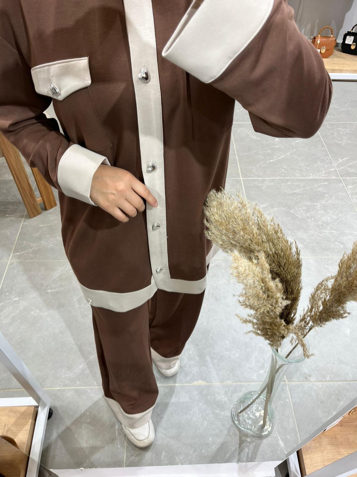 Levidor Düğme Detaylı Pantalon Takım 10078-1 Kahve