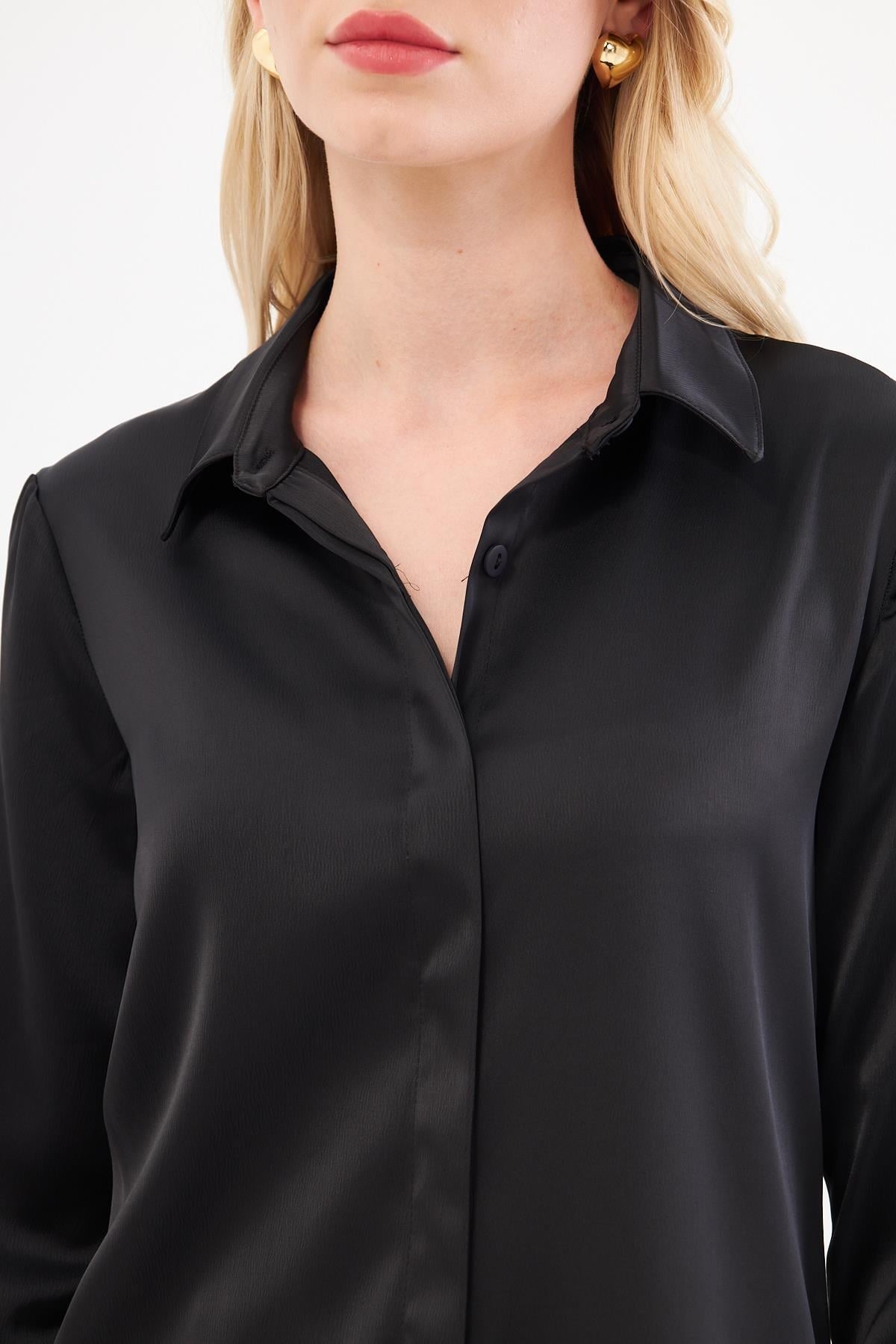 Lovelf Klasik Saten Gömlek SiyahGömlekLovelf3985LovelfLovelf Klasik Saten Gömlek Siyah