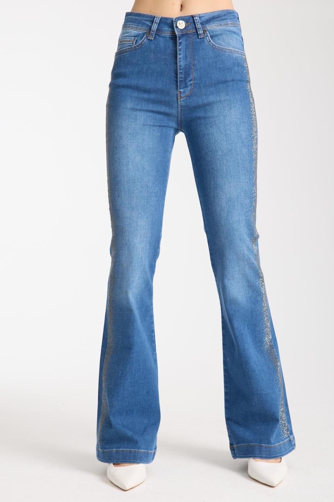 İspanyol Paça Yanı Taş Şeritli Kot Pantolon A.Mavi 4000