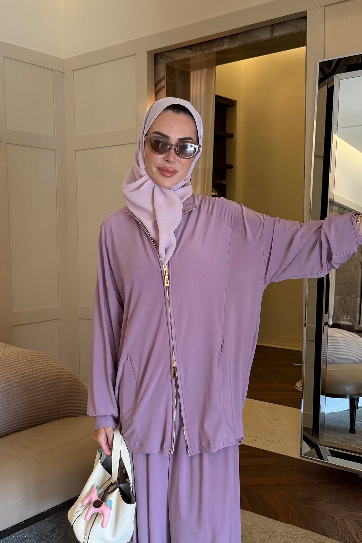 Fermuarlı Lastik Detaylı Takım Lila