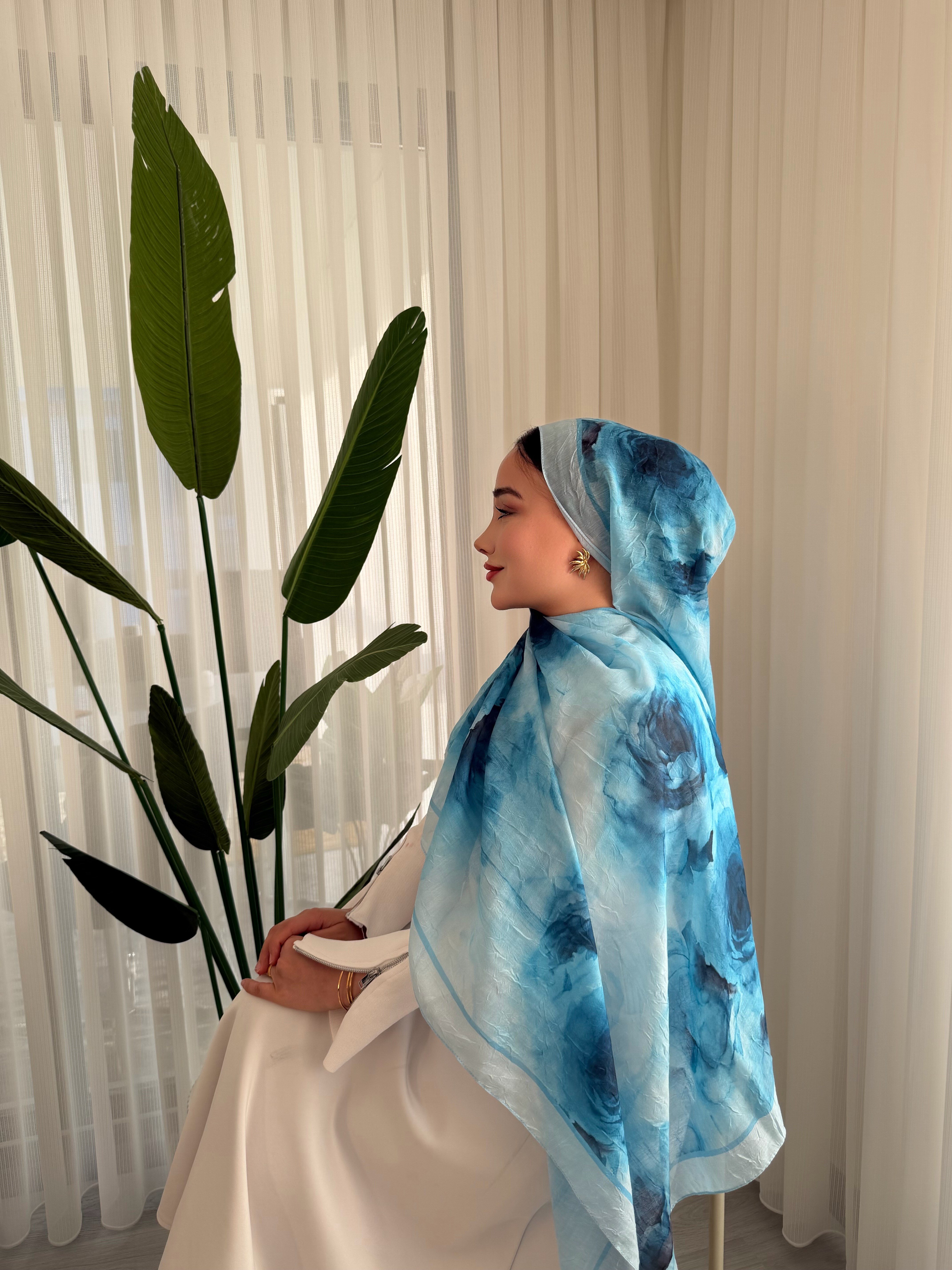 Çiçek Desen Bambu Jakar - Saks Mavisi